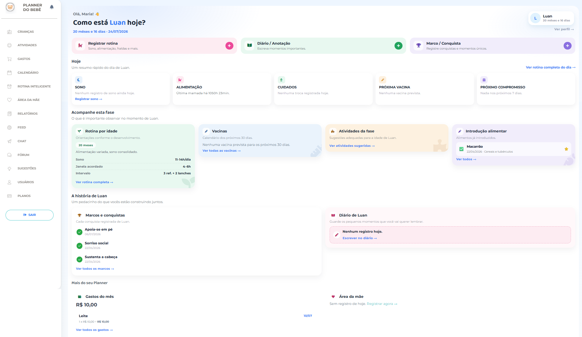 Painel do Planner do Bebê com o resumo da rotina, próximas vacinas e registros do dia