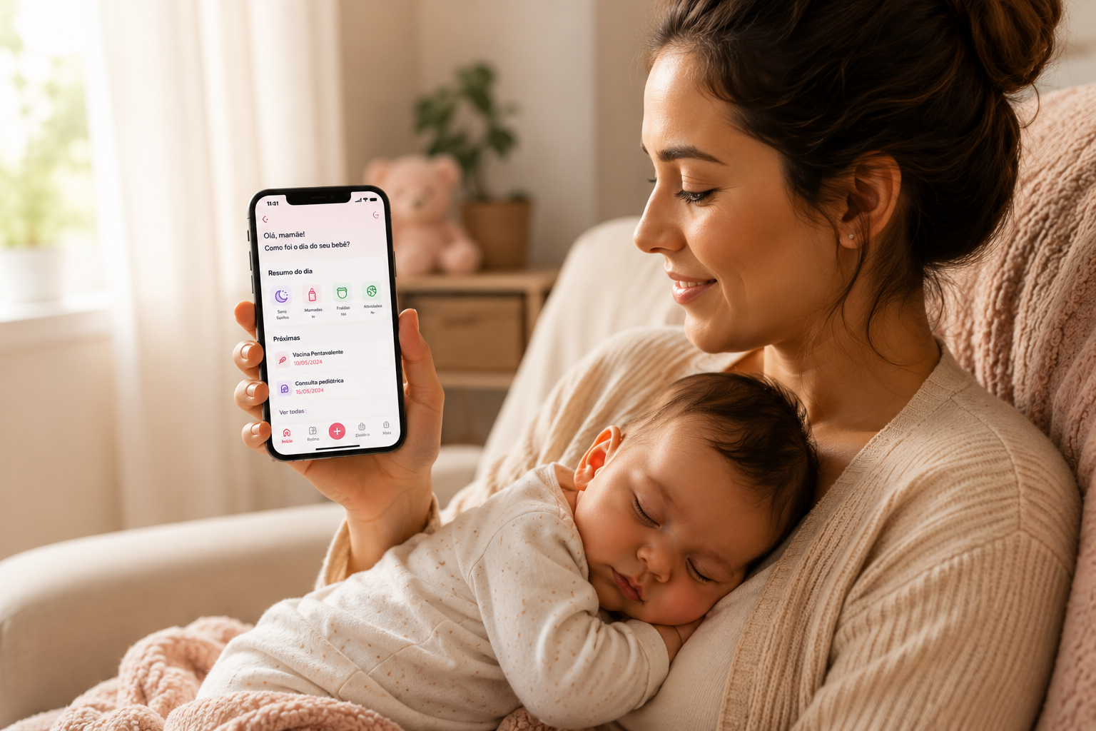 Mãe segurando o celular com o Planner do Bebê aberto, enquanto o bebê dorme tranquilo em seus braços